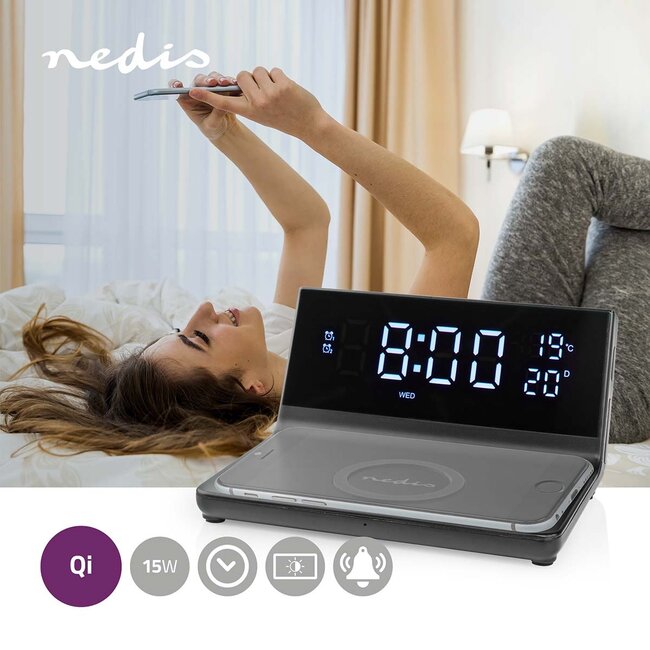 Nedis wekker met draadloze Qi lader | 15W | zwart