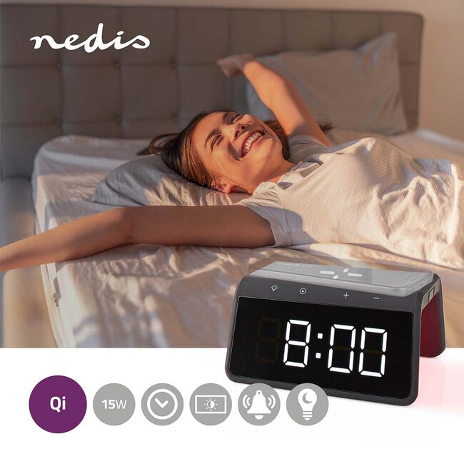 Nedis wekker met nachtlamp en draadloze Qi lader | 15W | zwart