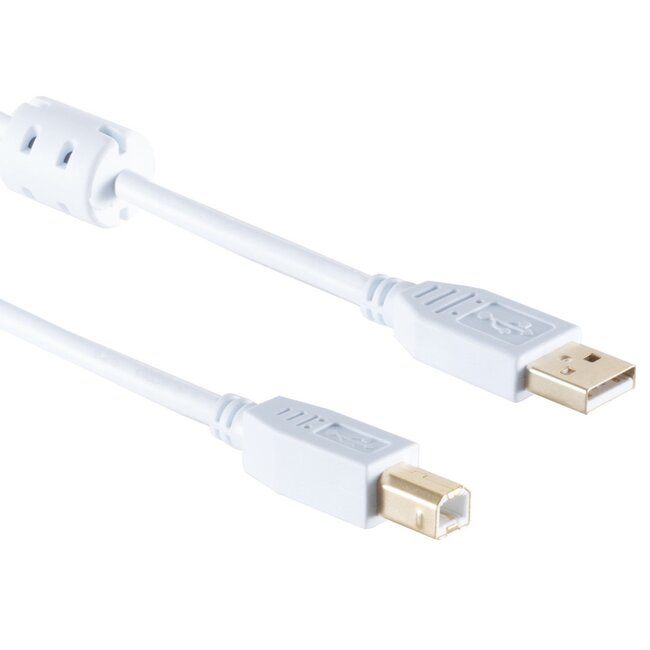 USB-A - USB-B kabel | ferrietkern | verguld | USB2.0 | 2,5W | wit | 1,8 meter