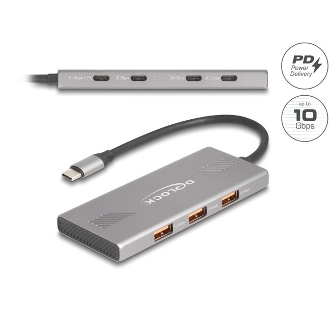 Delock 7 Port USB Hub 10 Gbps with 4 x USB Type-C™ female and 3 x USB Type-A female with PD 80 W