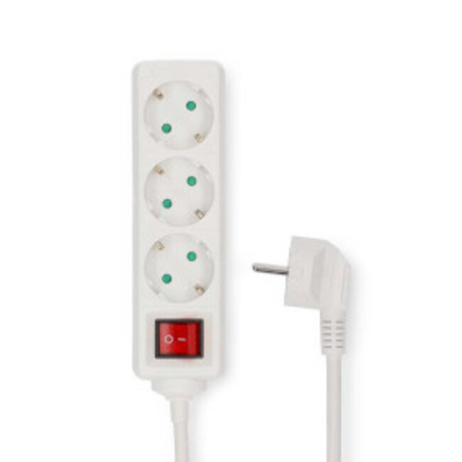 Stekkerdoos | Randaarde stekker / Type F (CEE 7/7) | 3-wegs | 5.00 m | 3680 W | 16 A | Soort aarding: Zijcontacten | 230 V AC 50/60 Hz | Hoek van stopcontact: 45 ° | H05VV-F 3G 1,5 mm² | Aan/uit knop | Wit