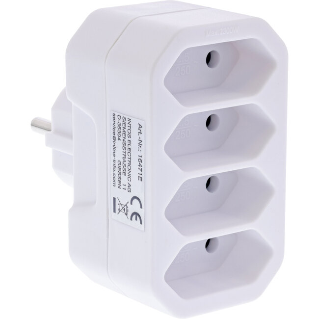 InLine® wandcontactdoosadapter, randaardestekker naar 4x Euro contactdoos, wit