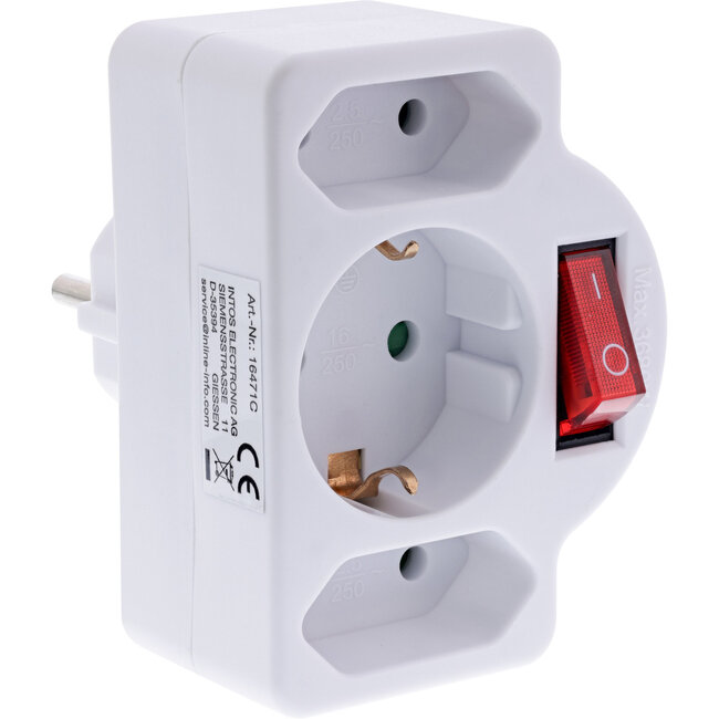 InLine® wandcontactdoosadapter, SK stekker naar 2xEuro+1x SK, met schakelaar,wit