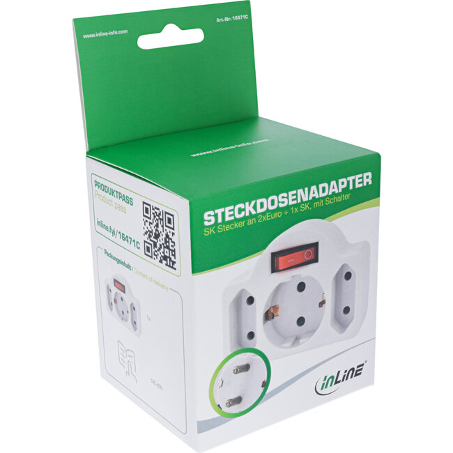 InLine® wandcontactdoosadapter, SK stekker naar 2xEuro+1x SK, met schakelaar,wit