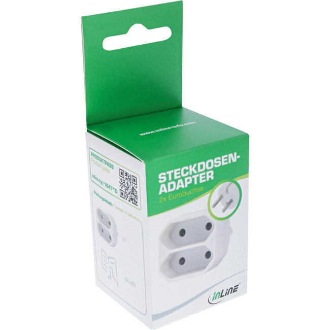InLine® wandcontactdoosadapter, randaardestekker naar 2x Euro contactdoos, wit