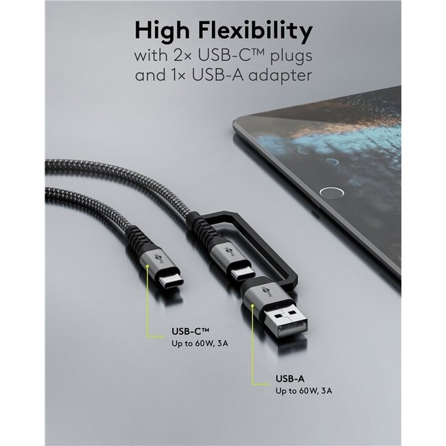 Goobay USB-C Textile kabel | incl. USB-A adapter | USB2.0 | PD 60W | 1 meter