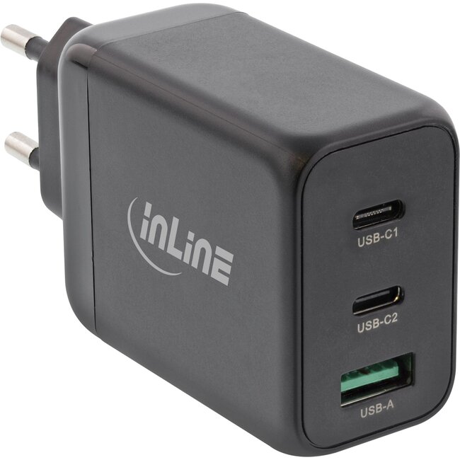 InLine USB thuislader | 2x USB-C PD + 1x USB-A QC4+ | GaN | 65W | zwart
