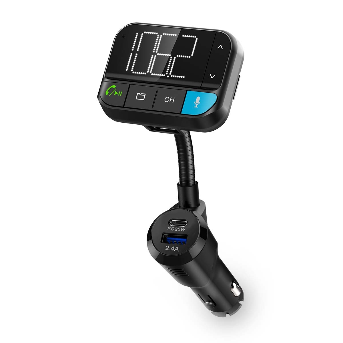 Nedis FM-Audiotransmitter voor Auto - Zwanenhals - Handsfree bellen - 2 " - Zwart-Wit Scherm - Bluetooth - PD 20 W / QC 3.0 - Snelladen - Bass boost - Google Assistant / Siri - Zwa