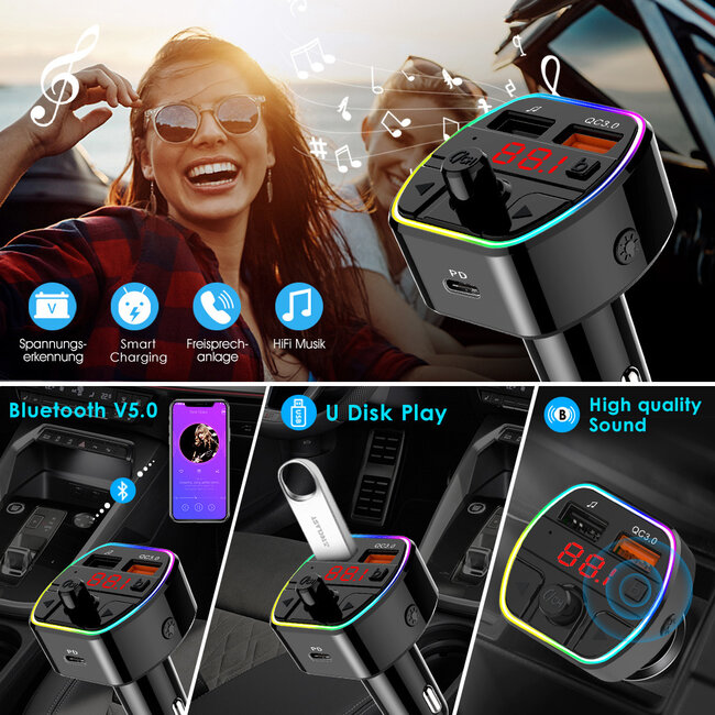 MaxTrack FM-transmitter | Bluetooth | carkit | USB-A QC en USB-C PD laden