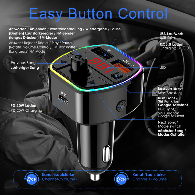 MaxTrack FM-transmitter | Bluetooth | carkit | USB-A QC en USB-C PD laden