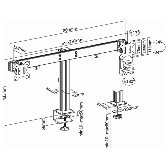 InLine bureaubeugel voor 2 monitoren tot 32 inch | crossbar | full motion