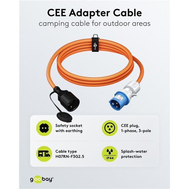 Camping stroomkabel | CEE 3-pins 230V/16A - CEE 7/3 | 3x 2,50mm | IP44 | 5 meter