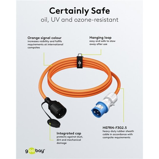 Camping stroomkabel | CEE 3-pins 230V/16A - CEE 7/3 | 3x 2,50mm | IP44 | 5 meter