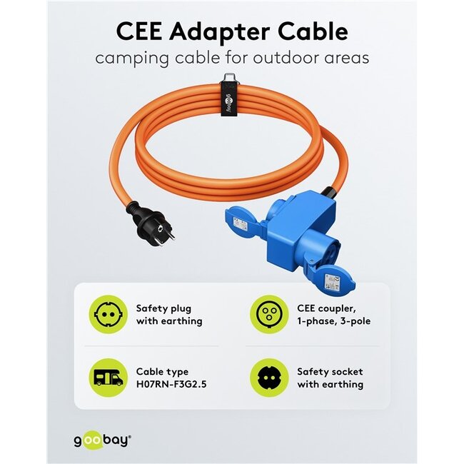 Camping stroomkabel met extra stopcontact | CEE 7/7 - CEE 3-pins 230V/16A | 3x 2,50mm | IP44 | 1,5 meter