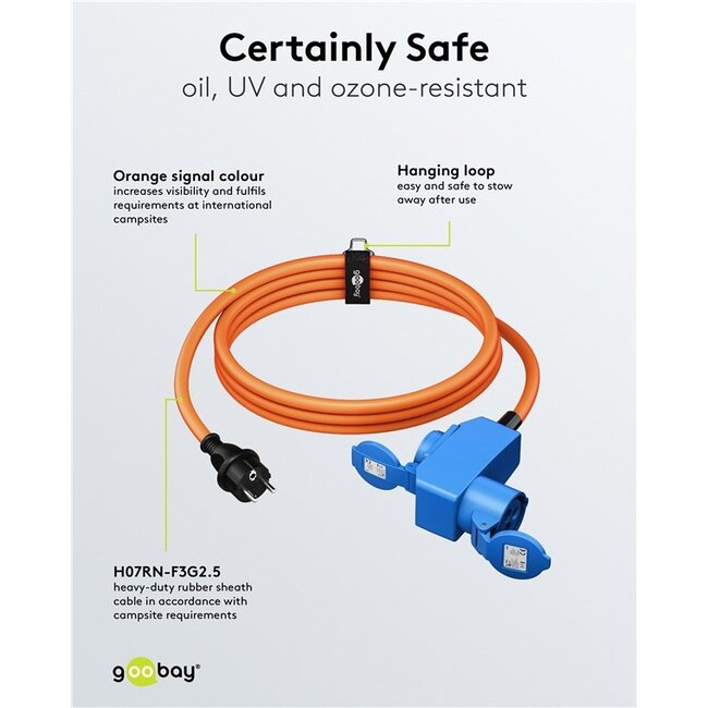 Camping stroomkabel met extra stopcontact | CEE 7/7 - CEE 3-pins 230V/16A | 3x 2,50mm | IP44 | 1,5 meter