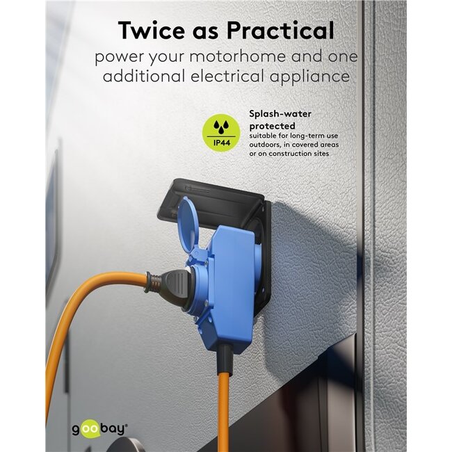 Camping stroomkabel met extra stopcontact | CEE 7/7 - CEE 3-pins 230V/16A | 3x 2,50mm | IP44 | 1,5 meter