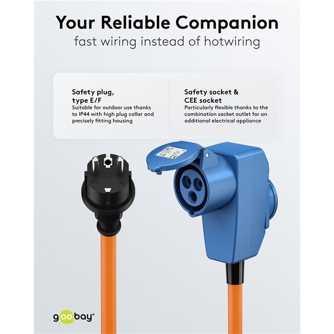 Camping stroomkabel met extra stopcontact | CEE 7/7 - CEE 3-pins 230V/16A | 3x 2,50mm | IP44 | 1,5 meter