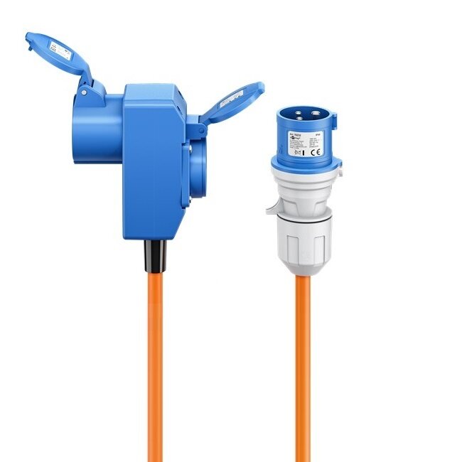 Camping stroomkabel met extra stopcontact | CEE 3-pins 230V/16A | 3x 2,50mm | IP44 | 1,5 meter