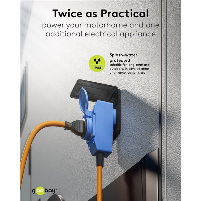 Camping stroomkabel met extra stopcontact | CEE 3-pins 230V/16A | 3x 2,50mm | IP44 | 1,5 meter