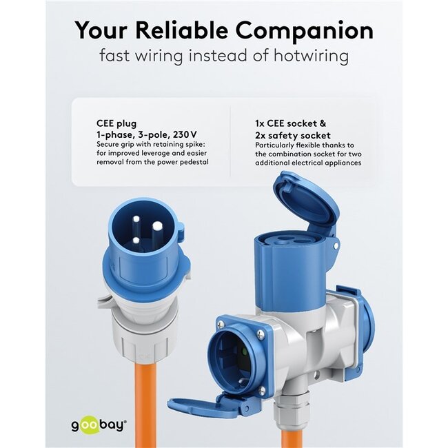 Camping stroomkabel met 2 extra stopcontacten | CEE 3-pins 230V/16A | 3x 2,50mm | IP44 | 5 meter