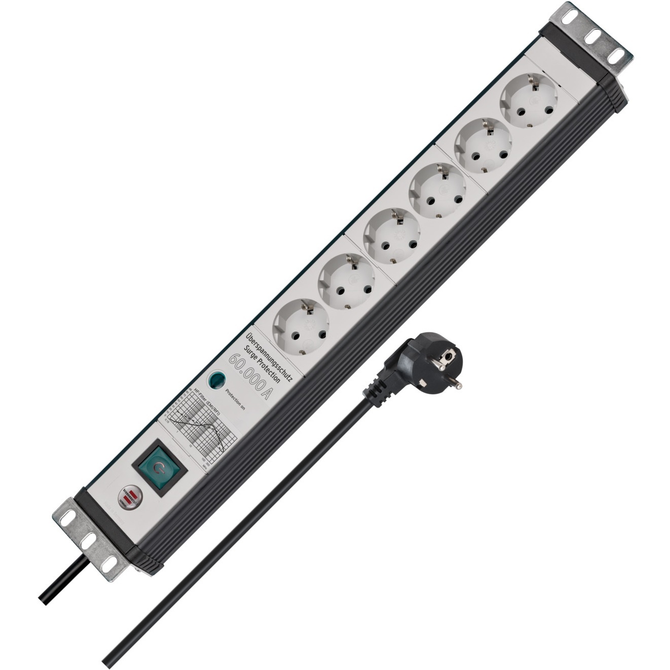 Premium-Line 60.000A stekkerdoos met overspanningsbeveiliging | 6-voudig | zwart/lichtgrijs | 3m H05VV-F 3G1,5 |19" formaat |