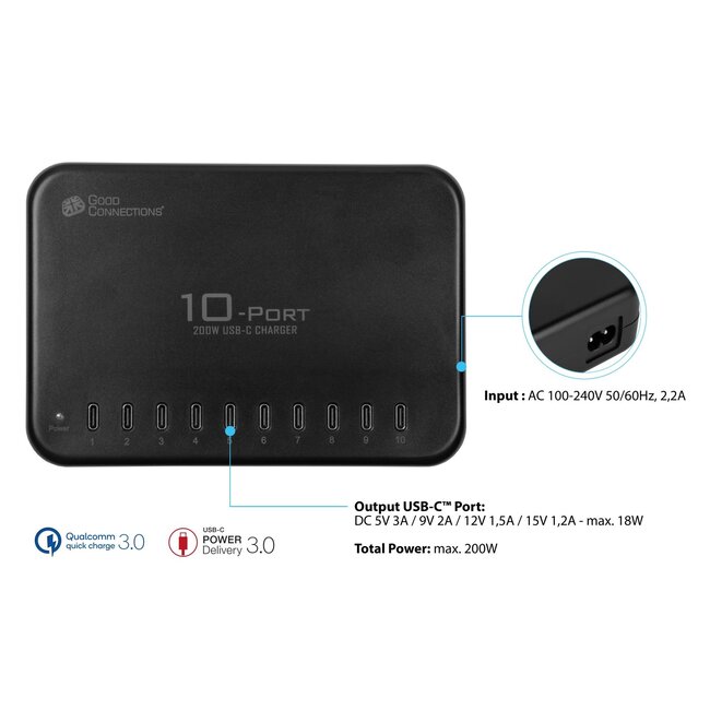 Good Connections USB lader | 10x USB-C PD | 200W | zwart