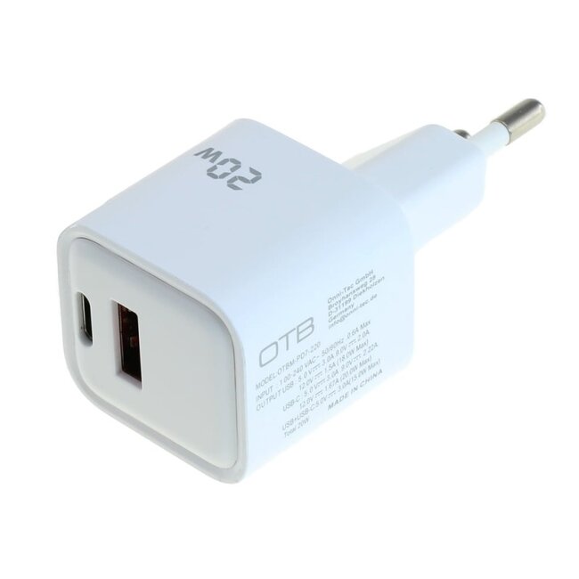 OTB USB lader | USB-C PD + USB-A QC | GaN | 20W | wit