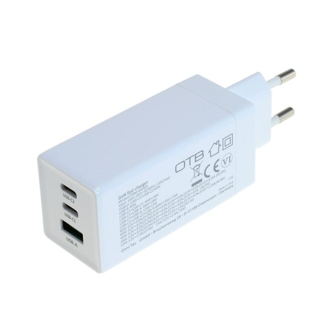 OTB USB lader | 2x USB-C PD + 1x USB-A QC | GaN | 65W | wit