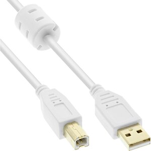 USB-A - USB-B kabel | ferrietkern | verguld | USB2.0 | 10W | wit | 0,50 meter