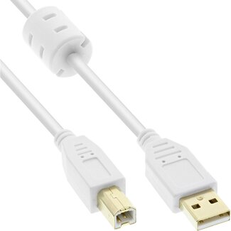 InLine USB-A - USB-B kabel | ferrietkern | verguld | USB2.0 | 10W | wit | 0,50 meter