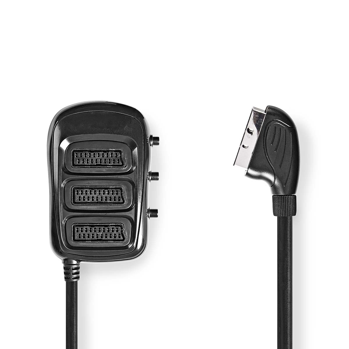 SCART-Switchbox - SCART Male - 3x SCART Female - Vernikkeld - Maximale resolutie: 800x480 - 0.50 m - Rond - PVC - Zwart - Doos