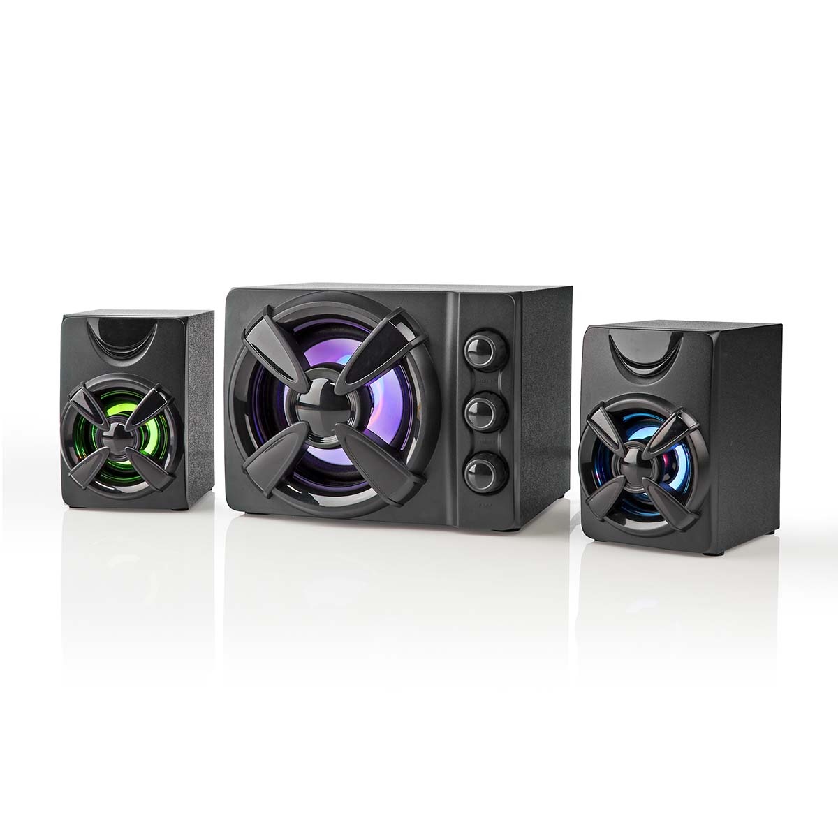 Nedis Nedis GSPR31021BK. Aanbevolen gebruik: PC. Luidspreker soort: 2-weg, Audio-uitgangskanalen: 2.1 kanalen. Gemiddeld vermogen: 11 W. Kleur van het product: Zwart