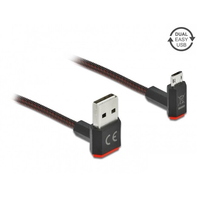 Easy-Micro USB - Easy-USB-A kabel | haaks boven/beneden | USB2.0 | 10W | nylon | 1,5 meter