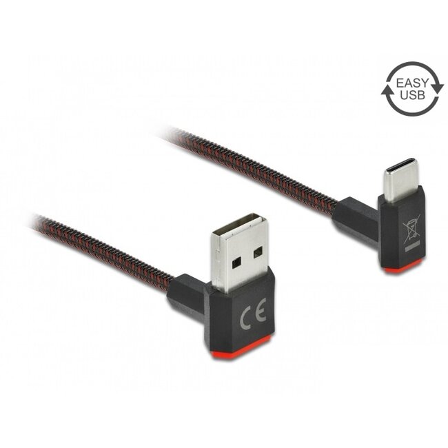USB-C - Easy-USB-A kabel | haaks boven/beneden | USB2.0 | QC 18W | nylon | 2 meter