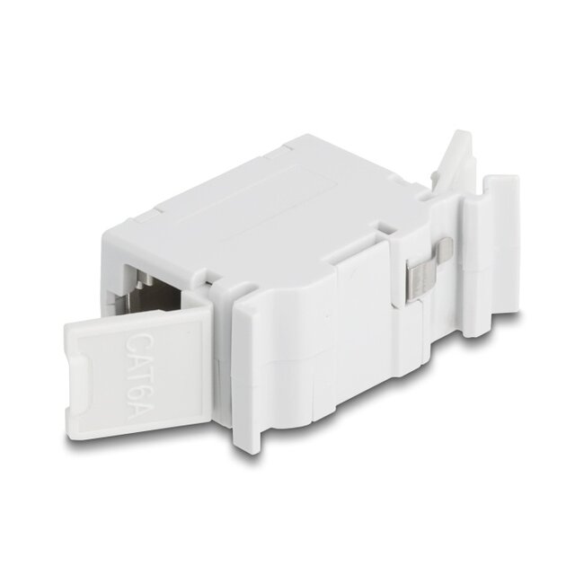 Delock RJ45 Coupler Cat.6A jack to jack with dust protection cap for DIN rail mounting grey