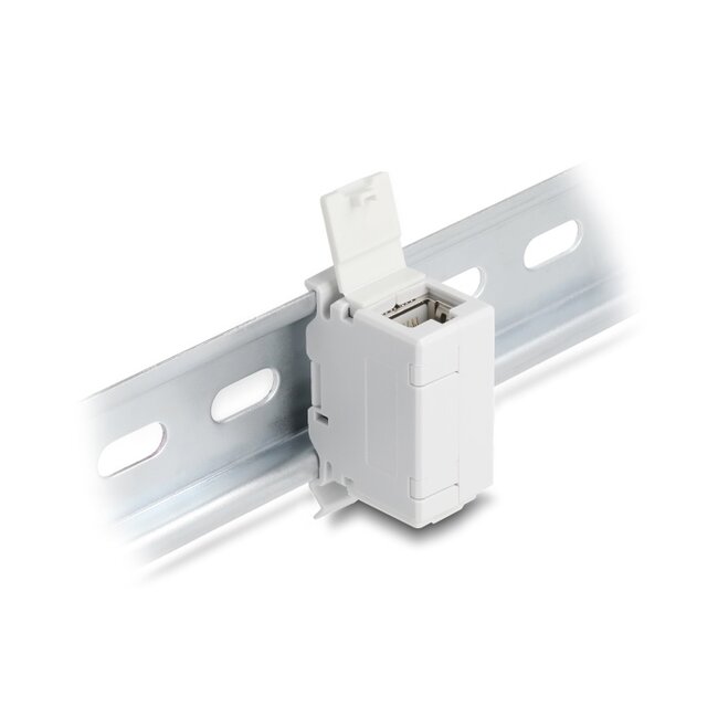 Delock RJ45 Coupler Cat.6A jack to jack with dust protection cap for DIN rail mounting grey