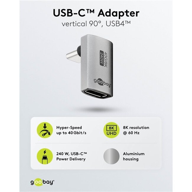 Goobay USB-C haakse adapter | boven/beneden (kort) | USB4 40 Gbps | PD 240W | 8K 60Hz | aluminium