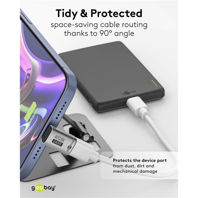 Goobay USB-C haakse adapter | boven/beneden (kort) | USB4 40 Gbps | PD 240W | 8K 60Hz | aluminium
