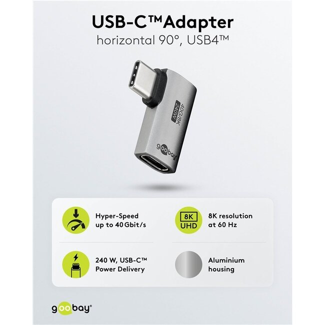 Goobay USB-C haakse adapter | links/rechts | USB4 40 Gbps | PD 240W | 8K 60Hz | aluminium