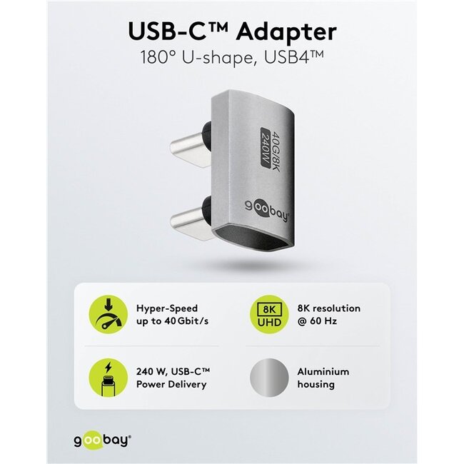 Goobay USB-C koppelstuk (m-m) | haaks (U-bocht) | USB4 40 Gbps | PD 240W | 8K 60Hz | aluminium