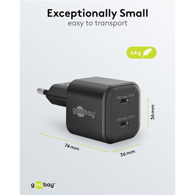 Goobay nano USB lader | 2x USB-C PD | GaN | 35W | zwart