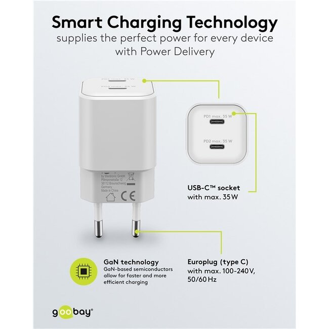 Goobay nano USB lader | 2x USB-C PD | GaN | 35W | wit