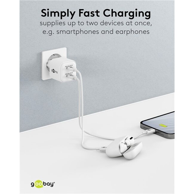 Goobay nano USB lader | 2x USB-C PD | GaN | 35W | wit