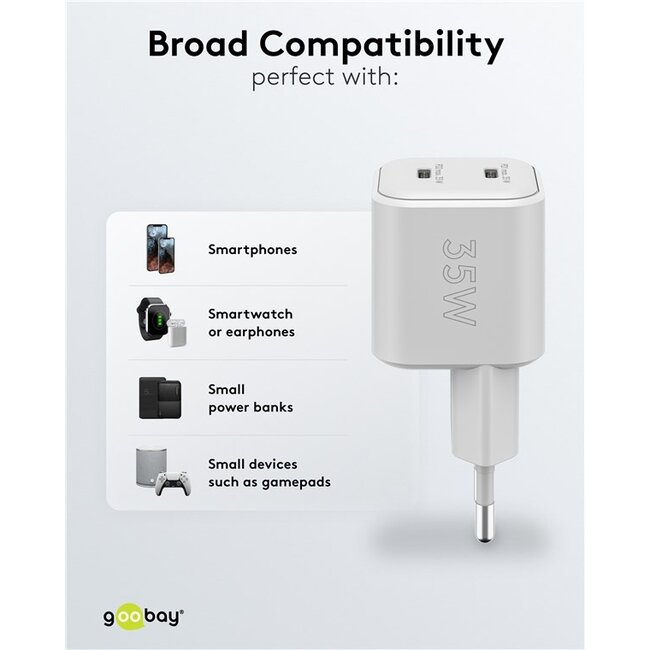 Goobay nano USB lader | 2x USB-C PD | GaN | 35W | wit