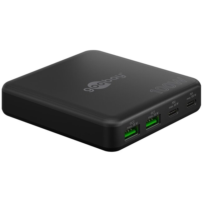 Goobay USB lader | 2x USB-C PD en 2x USB-A QC | GaN | 100W | zwart