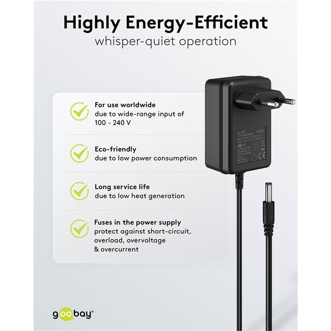 Goobay voedingsadapter | 12V DC | 1,5A | 18W | 5,5 x 2,1mm | 1,8 meter