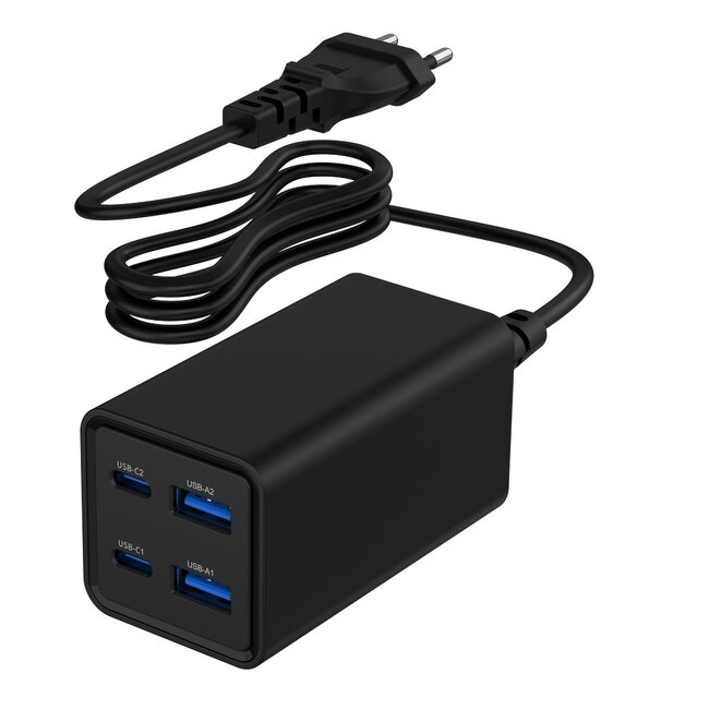 4-poorts 65 W GaN USB PowerDelivery snellader, zwart