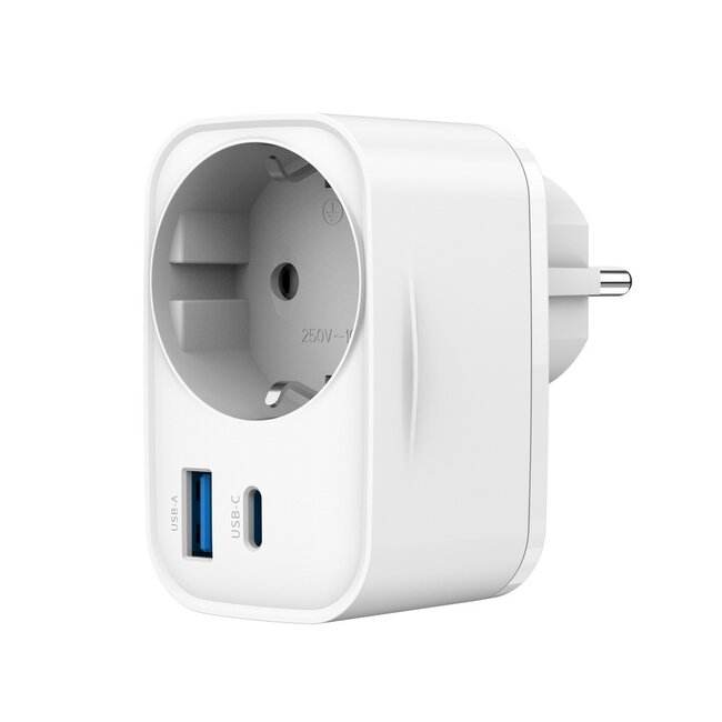 2-poorts USB snellader met doorvoerstekker, 20W, wit