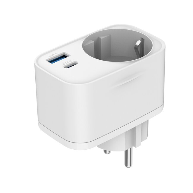 2-poorts USB snellader met doorvoerstekker, 20W, wit