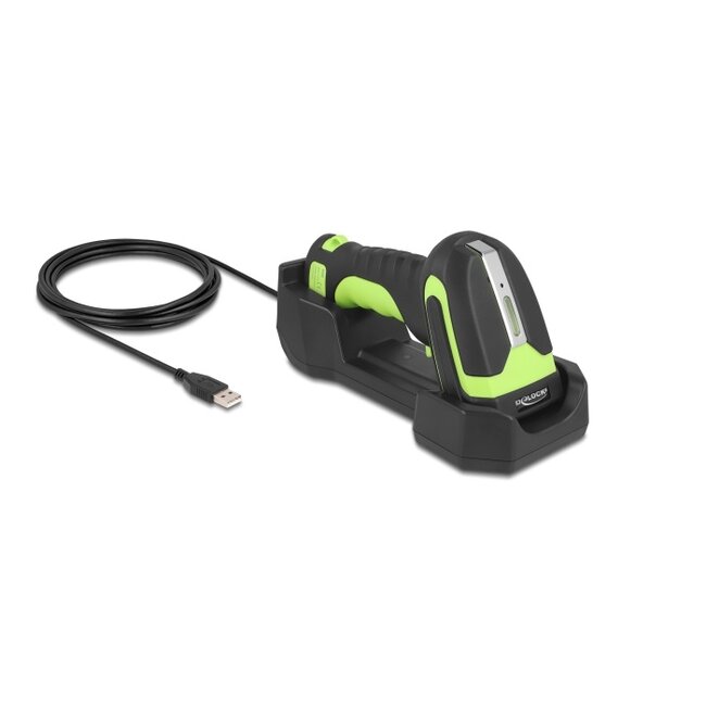 Delock Industrial Barcode Scanner 1D and 2D for 433 MHz or Bluetooth with inductive charging station and long distance reading up to max. 6.5 m